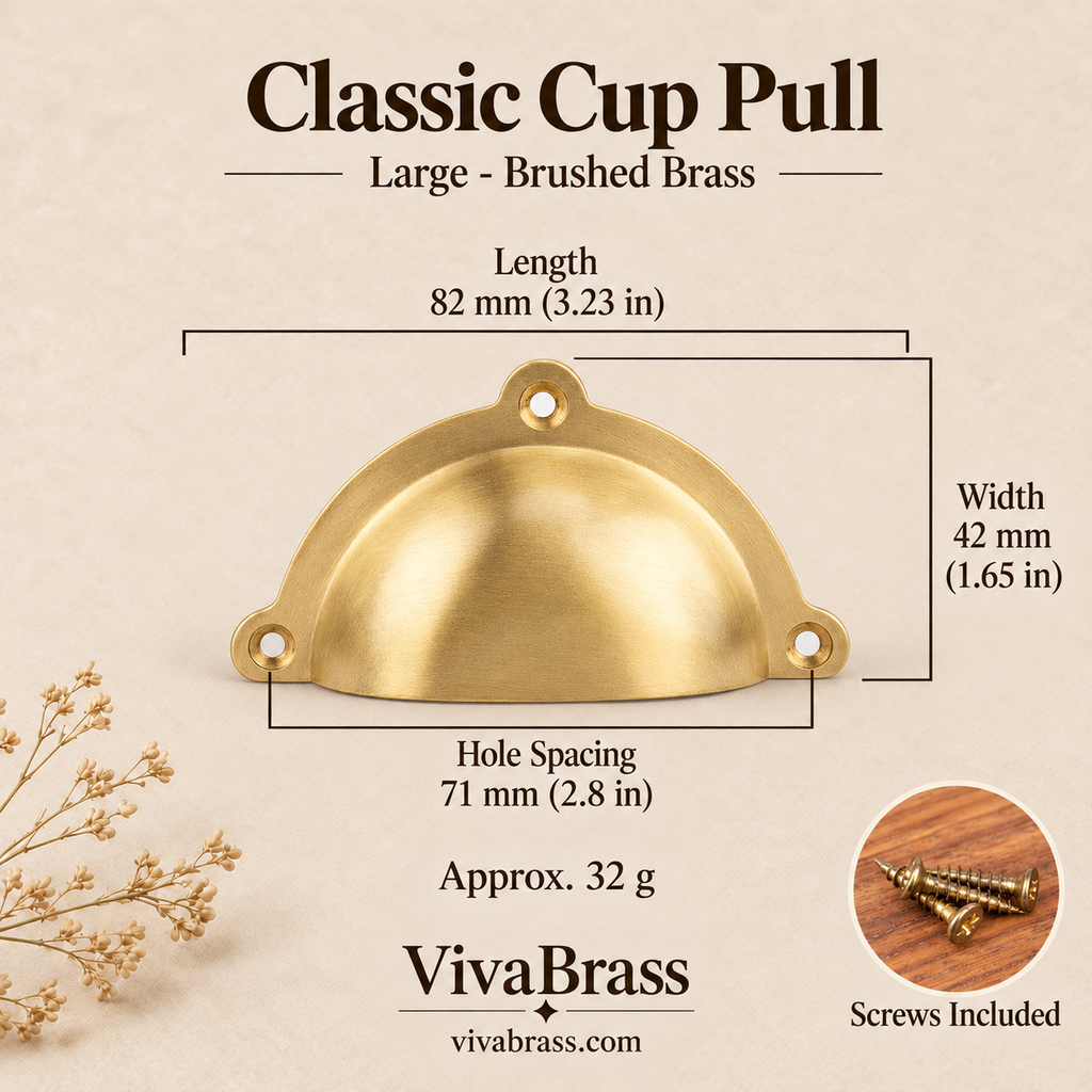 Classic Cup Pull Large 81 mm - Brushed Brass – solid brass cup pull by VivaBrass