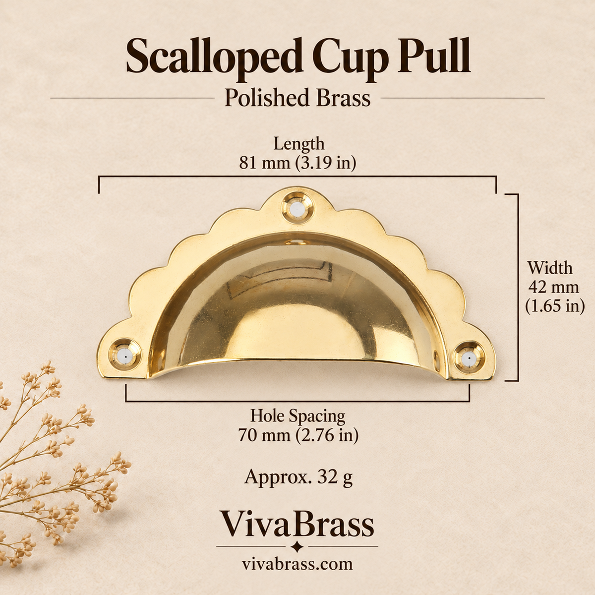 Scalloped Cup Pull 81 mm - Polished Brass – solid brass cup pull by VivaBrass