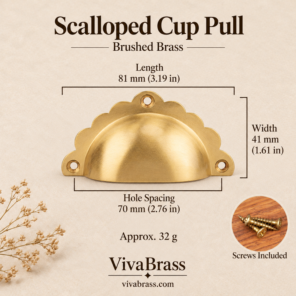 Scalloped Cup Pull 81 mm - Brushed Brass – solid brass cup pull by VivaBrass
