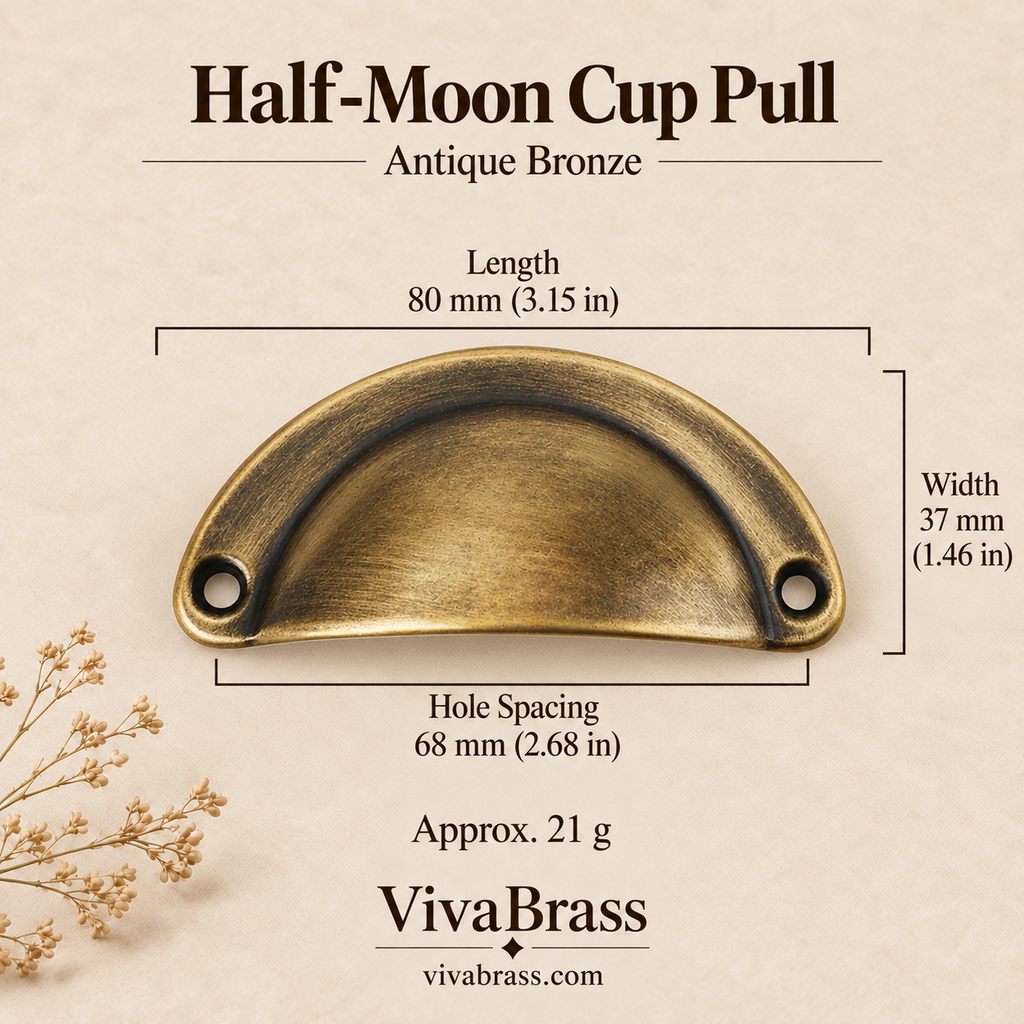 Half-Moon Cup Pull 80 mm - Antique Bronze – solid brass cup pull by VivaBrass