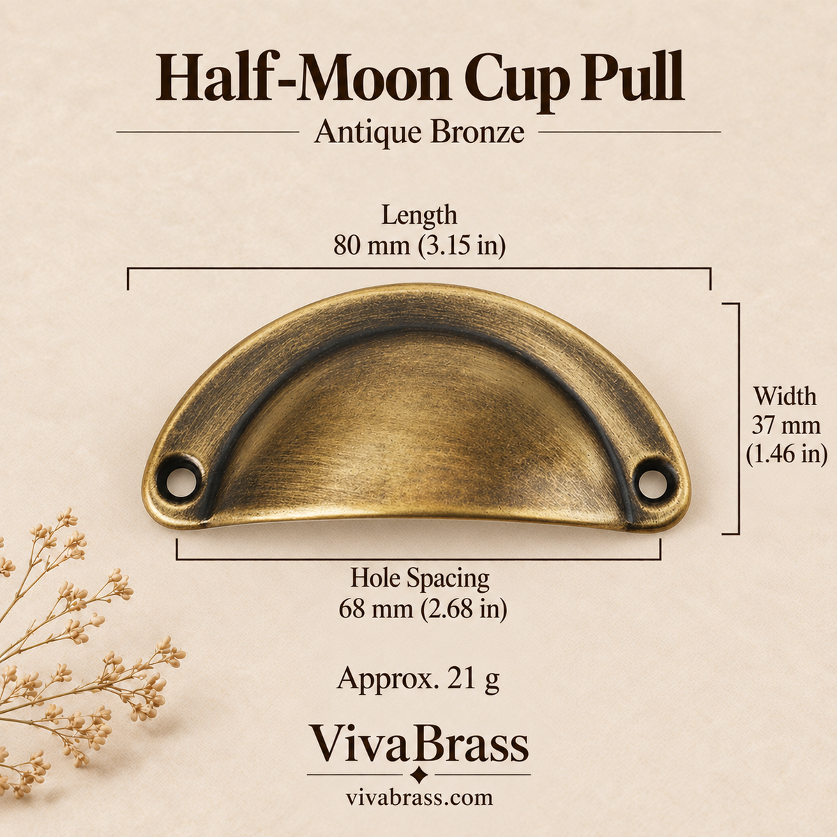 Half-Moon Cup Pull 80 mm - Antique Bronze – solid brass cup pull by VivaBrass