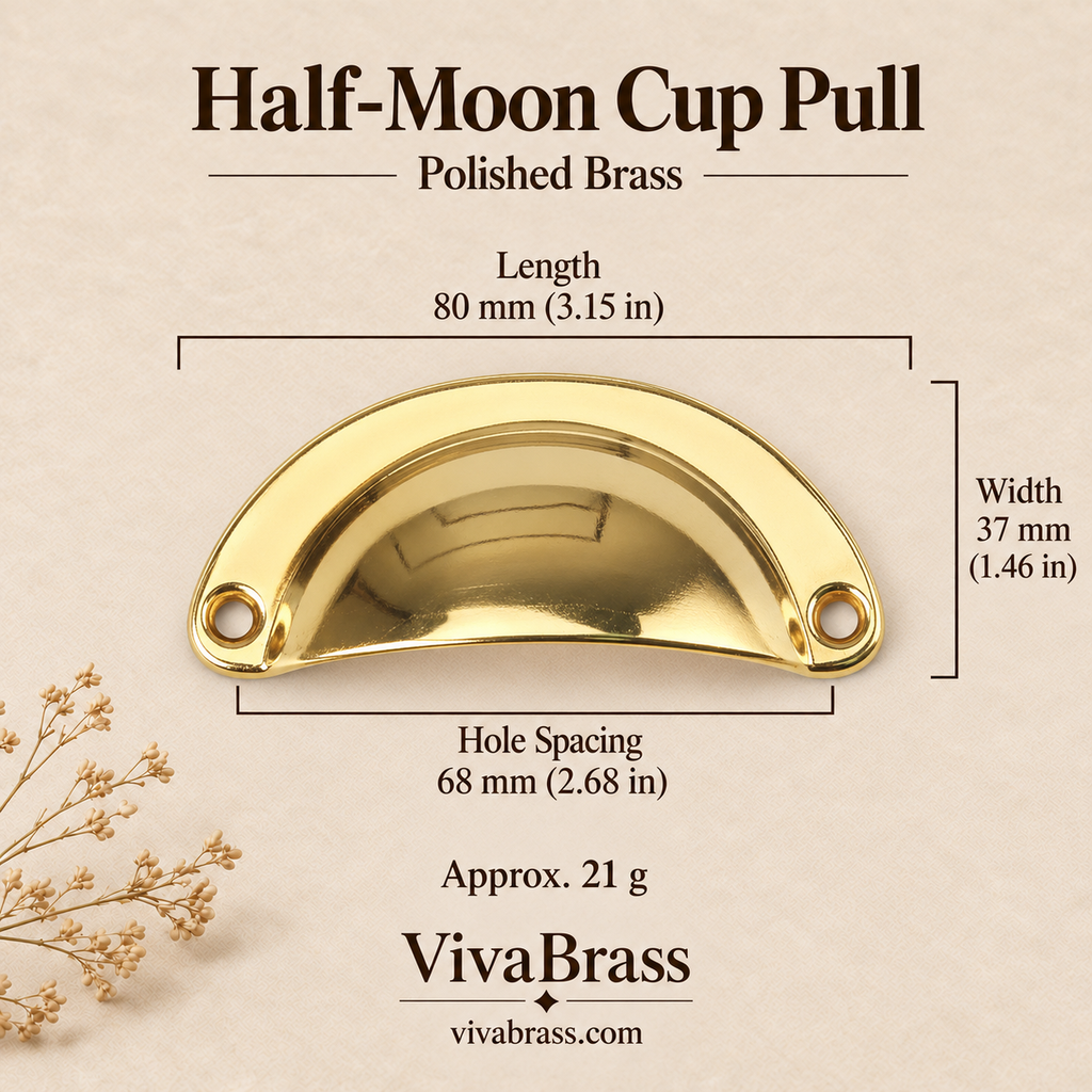Half-Moon Cup Pull 80 mm - Polished Brass – solid brass cup pull by VivaBrass