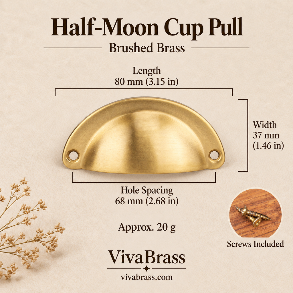 Half-Moon Cup Pull 80 mm - Brushed Brass – solid brass cup pull by VivaBrass