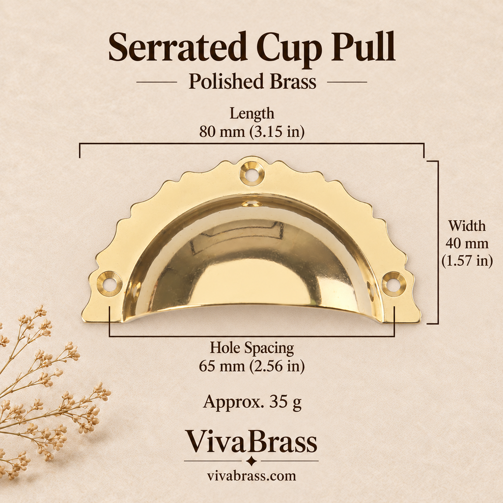 Serrated Cup Pull 80 mm - Polished Brass – solid brass cup pull by VivaBrass