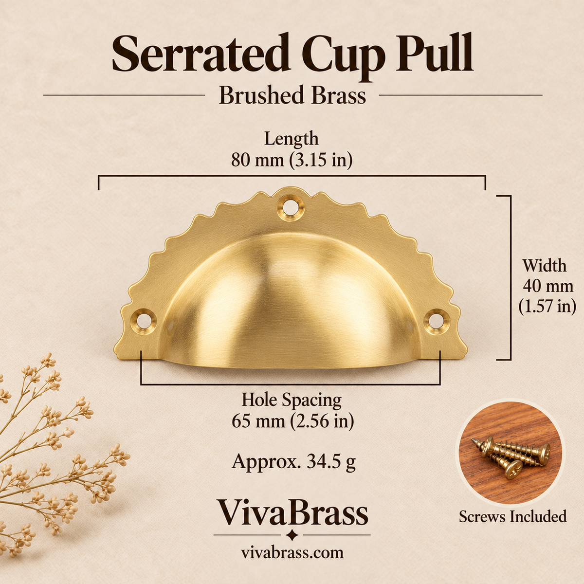 Serrated Cup Pull 80 mm - Brushed Brass – solid brass cup pull by VivaBrass