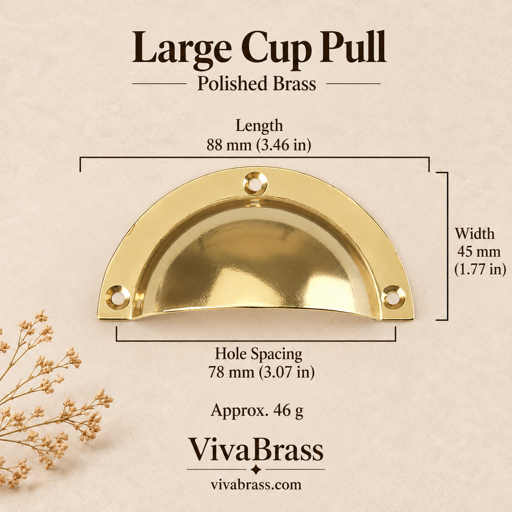 Large Cup Pull 88 mm - Polished Brass – solid brass cup pull by VivaBrass