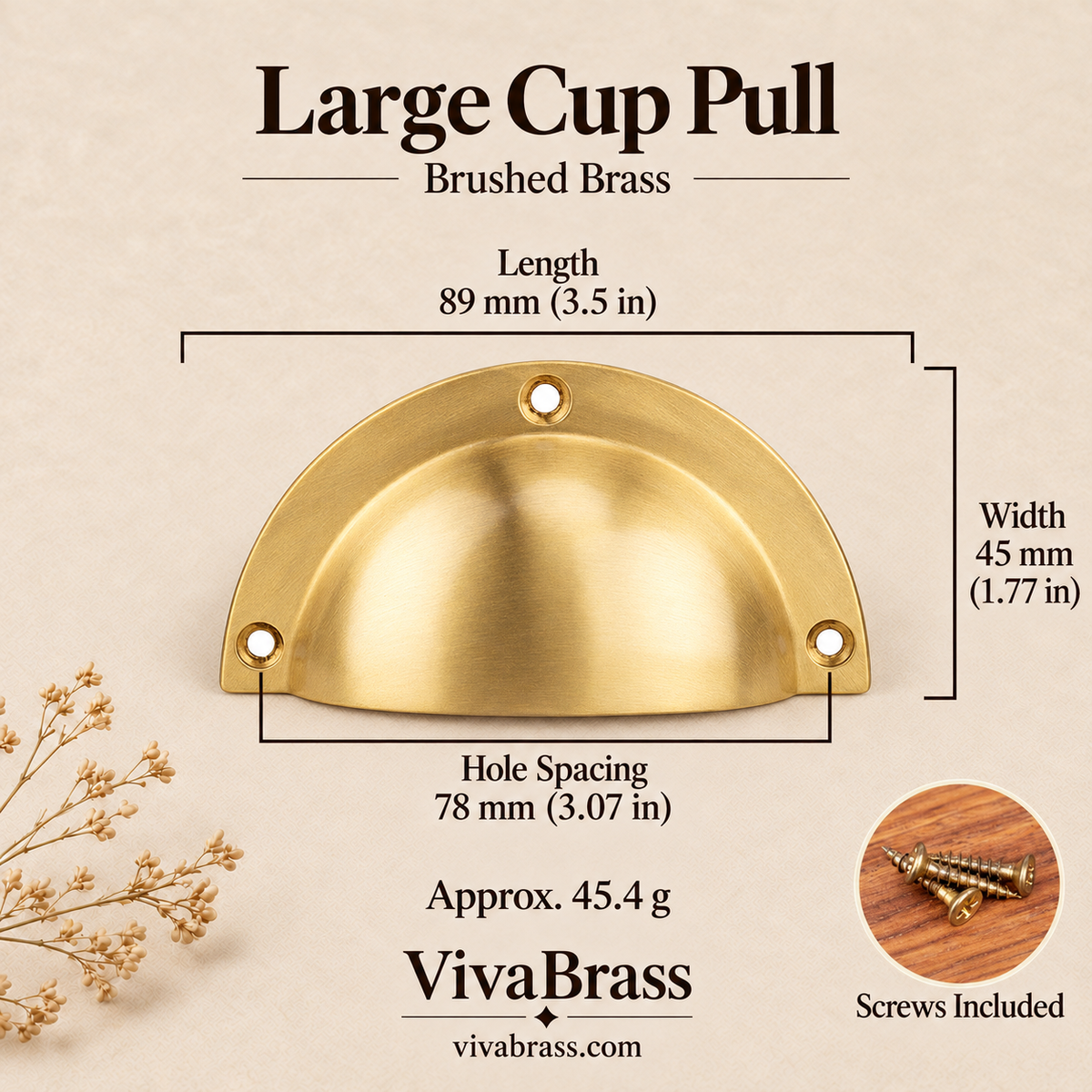 Large Cup Pull 88 mm - Brushed Brass – solid brass cup pull by VivaBrass