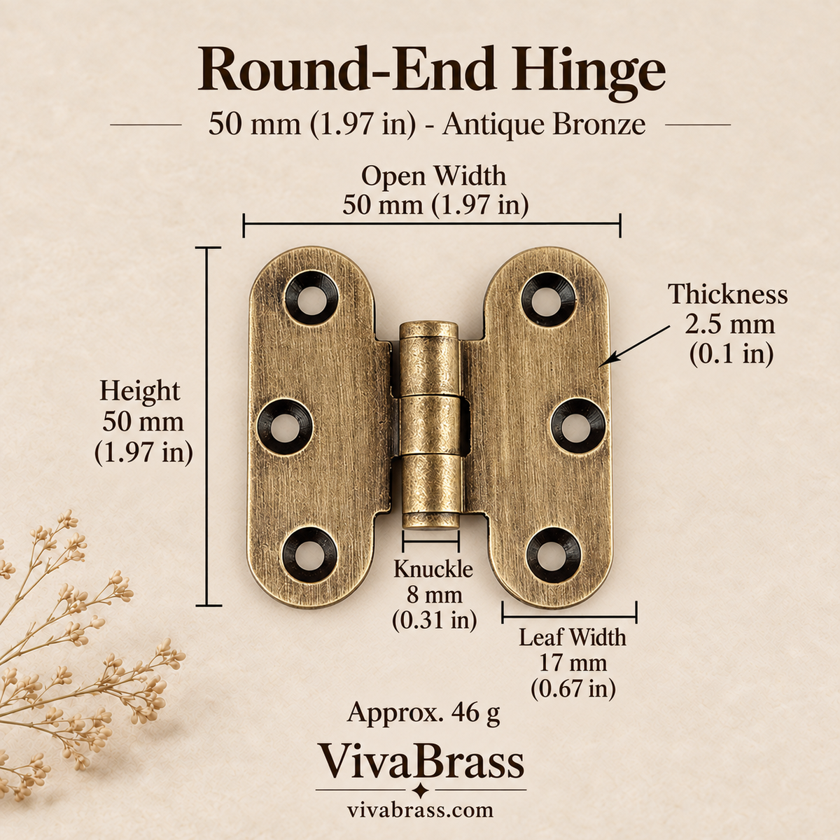 Round-End Hinge 50 mm - Antique Bronze – solid brass hinge by VivaBrass