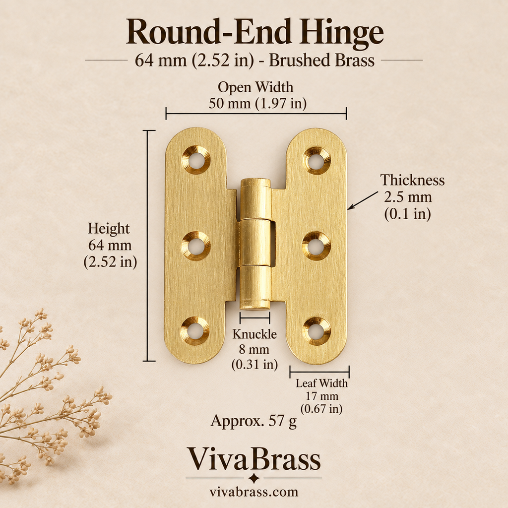 Round-End Hinge 64 mm - Brushed Brass – solid brass hinge by VivaBrass