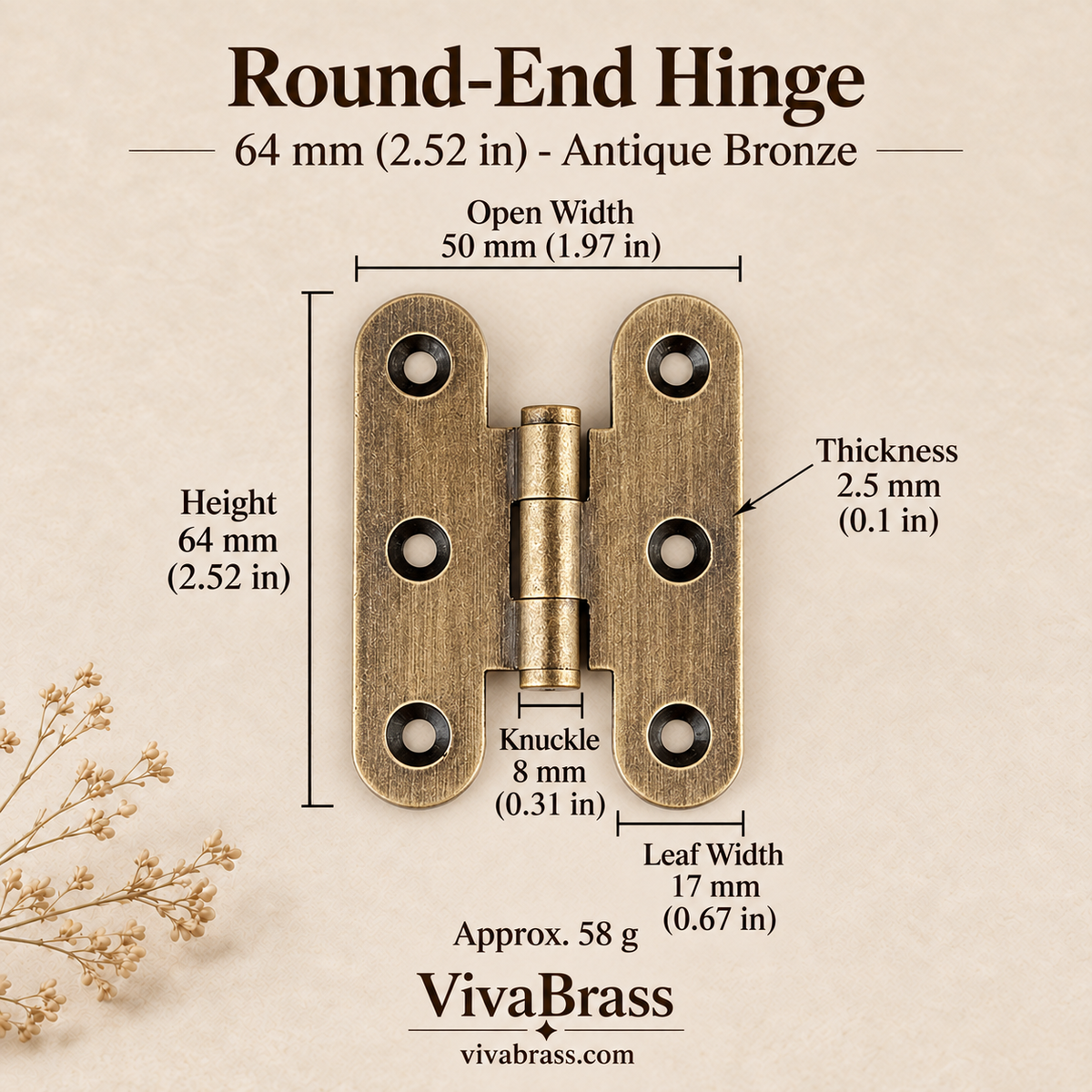 Round-End Hinge 64 mm - Antique Bronze – solid brass hinge by VivaBrass
