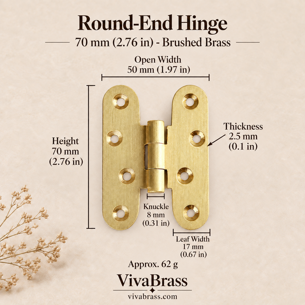 Round-End Hinge 70 mm - Brushed Brass – solid brass hinge by VivaBrass