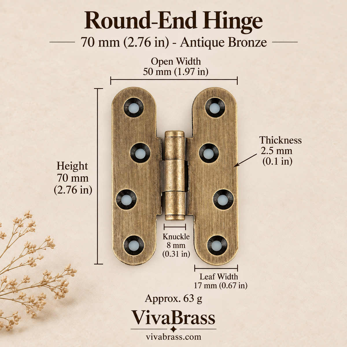 Round-End Hinge 70 mm - Antique Bronze – solid brass hinge by VivaBrass