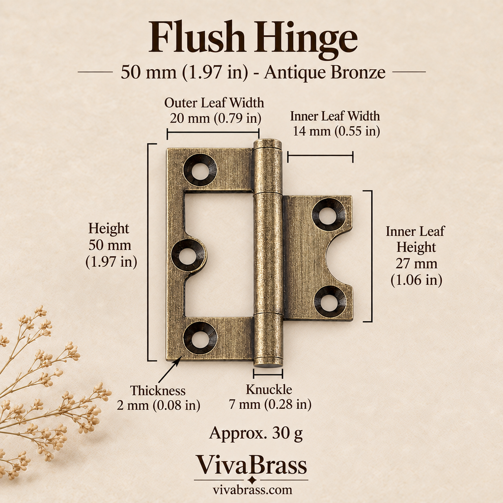 Flush Hinge 50 mm - Antique Bronze – solid brass hinge by VivaBrass