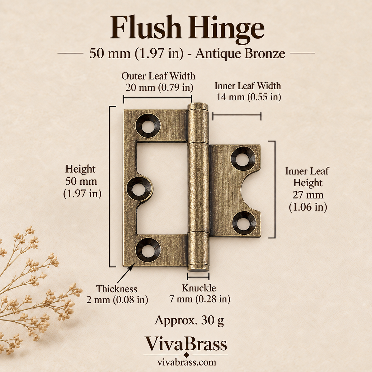 Flush Hinge 50 mm - Antique Bronze – solid brass hinge by VivaBrass