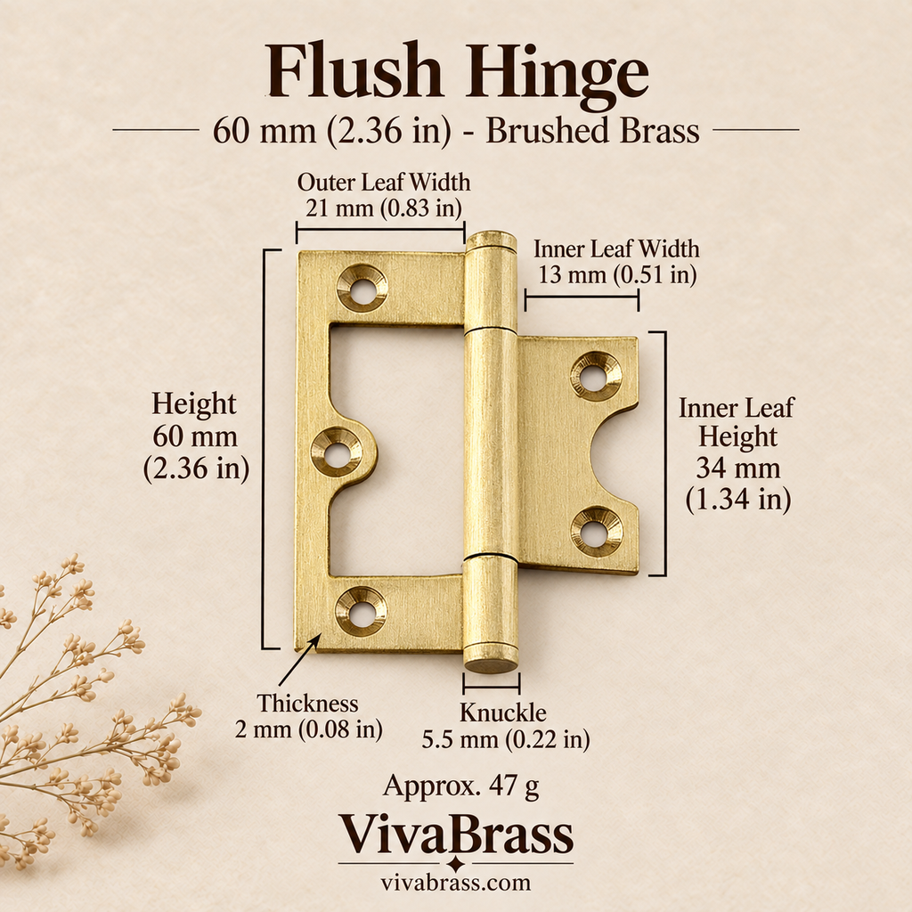Flush Hinge 60 mm - Brushed Brass – solid brass hinge by VivaBrass