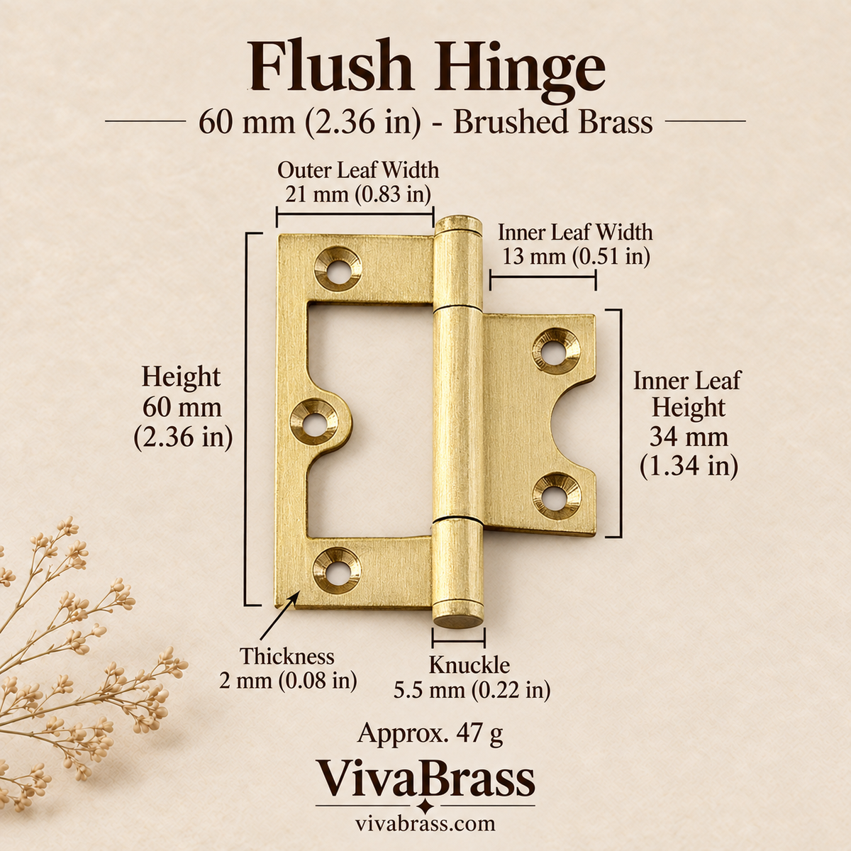 Flush Hinge 60 mm - Brushed Brass – solid brass hinge by VivaBrass