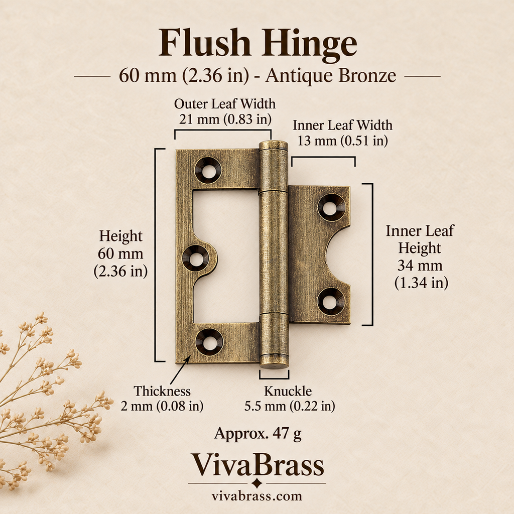 Flush Hinge 60 mm - Antique Bronze – solid brass hinge by VivaBrass