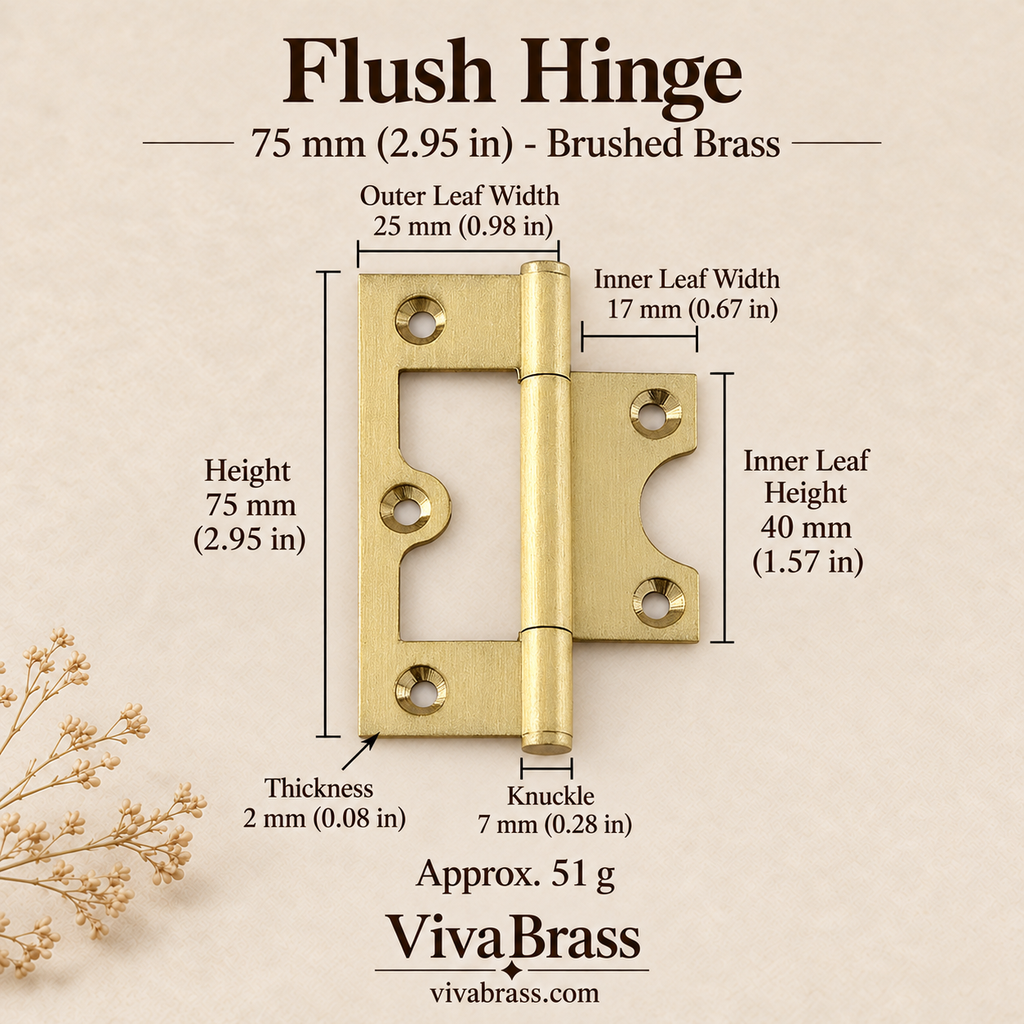 Flush Hinge 75 mm - Brushed Brass – solid brass hinge by VivaBrass