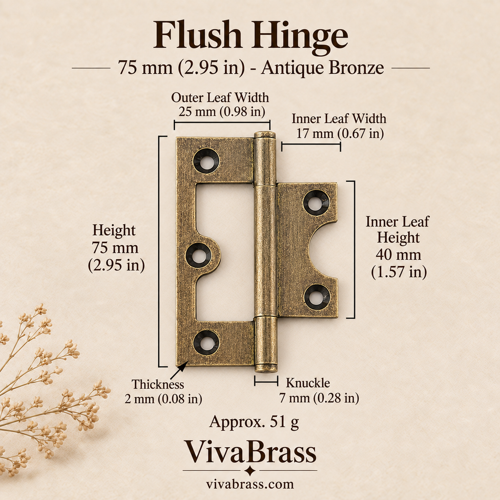 Flush Hinge 75 mm - Antique Bronze – solid brass hinge by VivaBrass