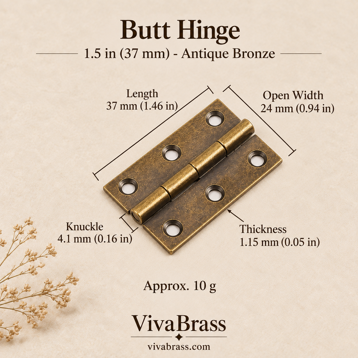 Butt Hinge 1.5 in (37 mm) - Antique Bronze – solid brass hinge by VivaBrass
