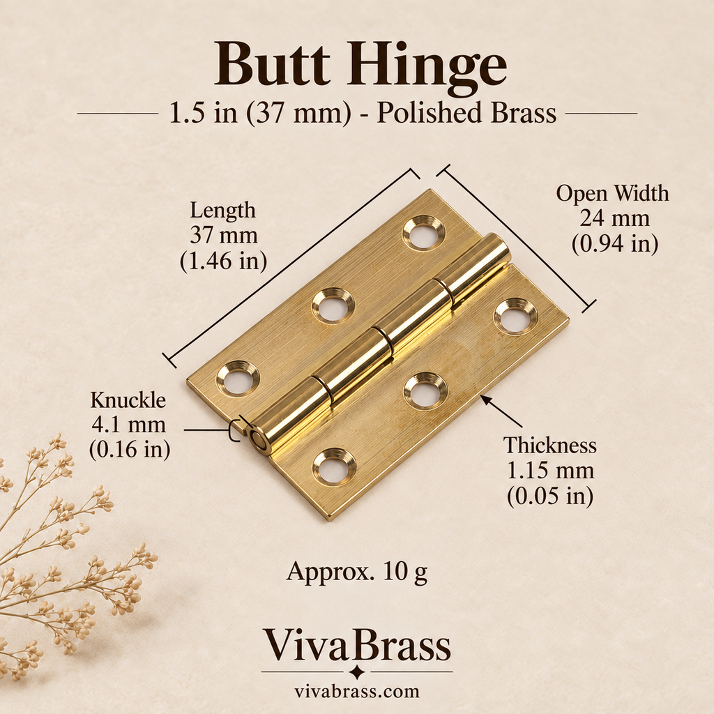 Butt Hinge 1.5 in (37 mm) - Polished Brass – solid brass hinge by VivaBrass