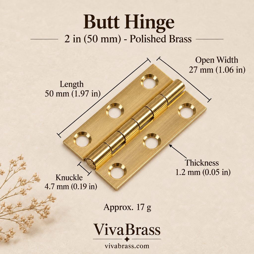 Butt Hinge 2 in (50 mm) - Polished Brass – solid brass hinge by VivaBrass