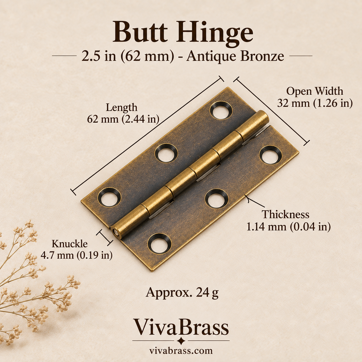 Butt Hinge 2.5 in (62 mm) - Antique Bronze – solid brass hinge by VivaBrass