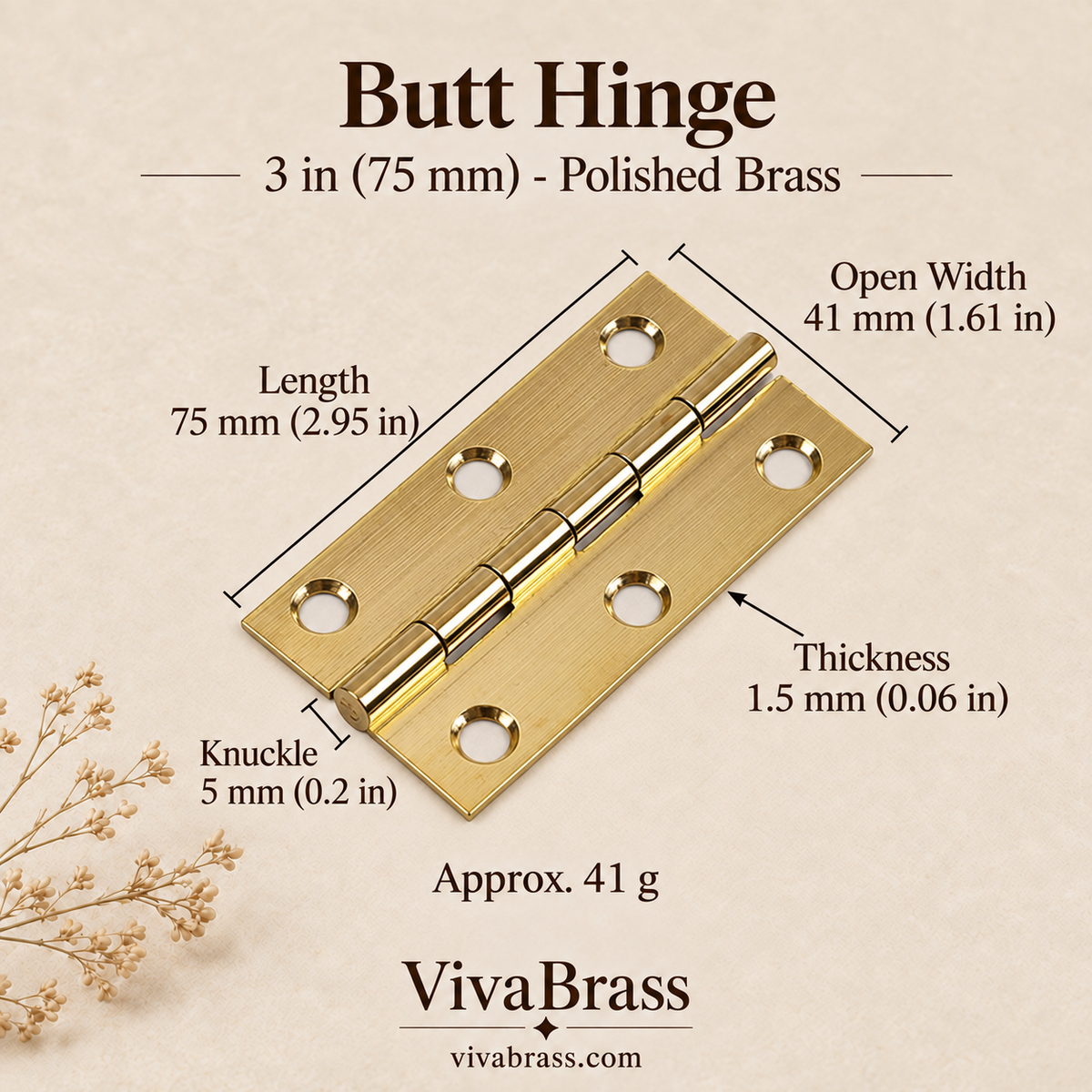 Butt Hinge 3 in (75 mm) - Polished Brass – solid brass hinge by VivaBrass