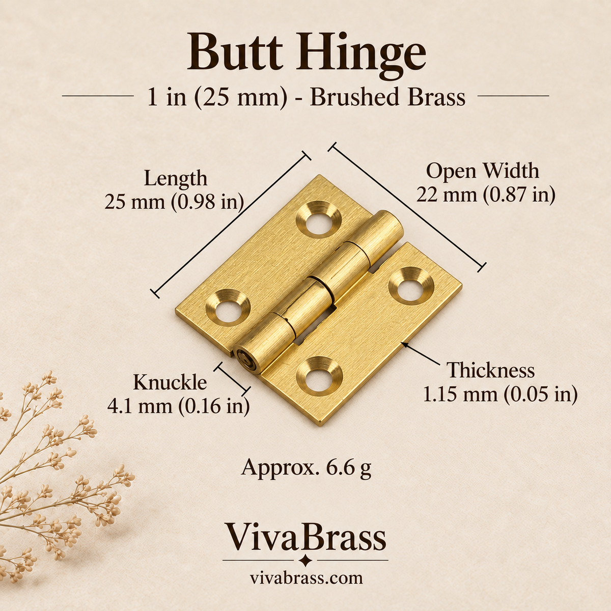 Butt Hinge 1 in (25 mm) - Brushed Brass – solid brass hinge by VivaBrass