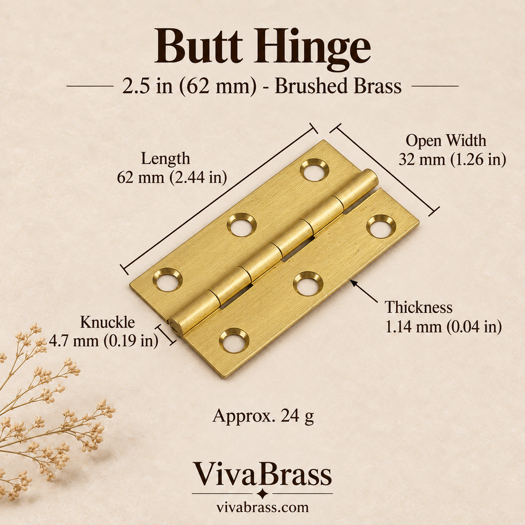 Butt Hinge 2.5 in (62 mm) - Brushed Brass – solid brass hinge by VivaBrass