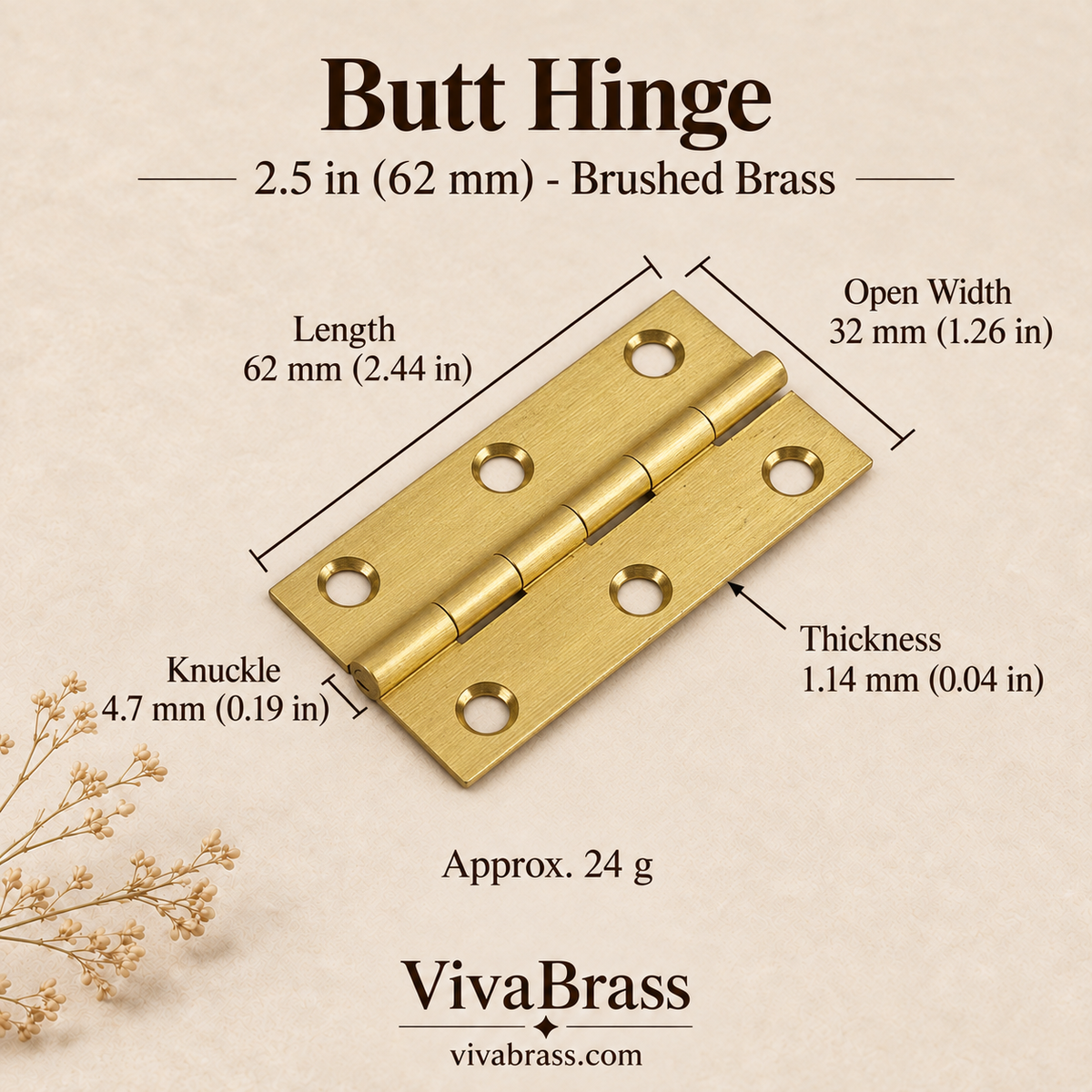 Butt Hinge 2.5 in (62 mm) - Brushed Brass – solid brass hinge by VivaBrass