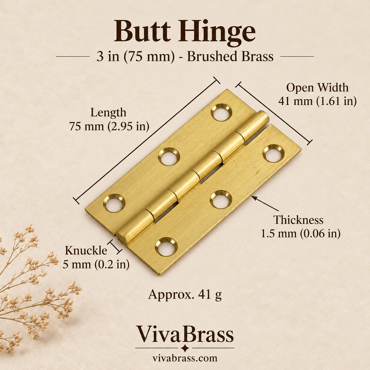 Butt Hinge 3 in (75 mm) - Brushed Brass – solid brass hinge by VivaBrass