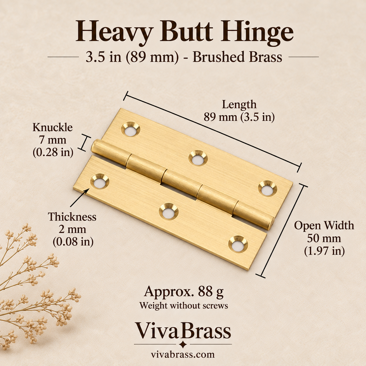 Heavy Butt Hinge 3.5 in (89 mm) - Brushed Brass – solid brass hinge by VivaBrass