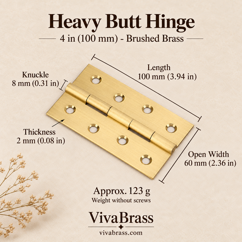 Heavy Butt Hinge 4 in (100 mm) - Brushed Brass – solid brass hinge by VivaBrass
