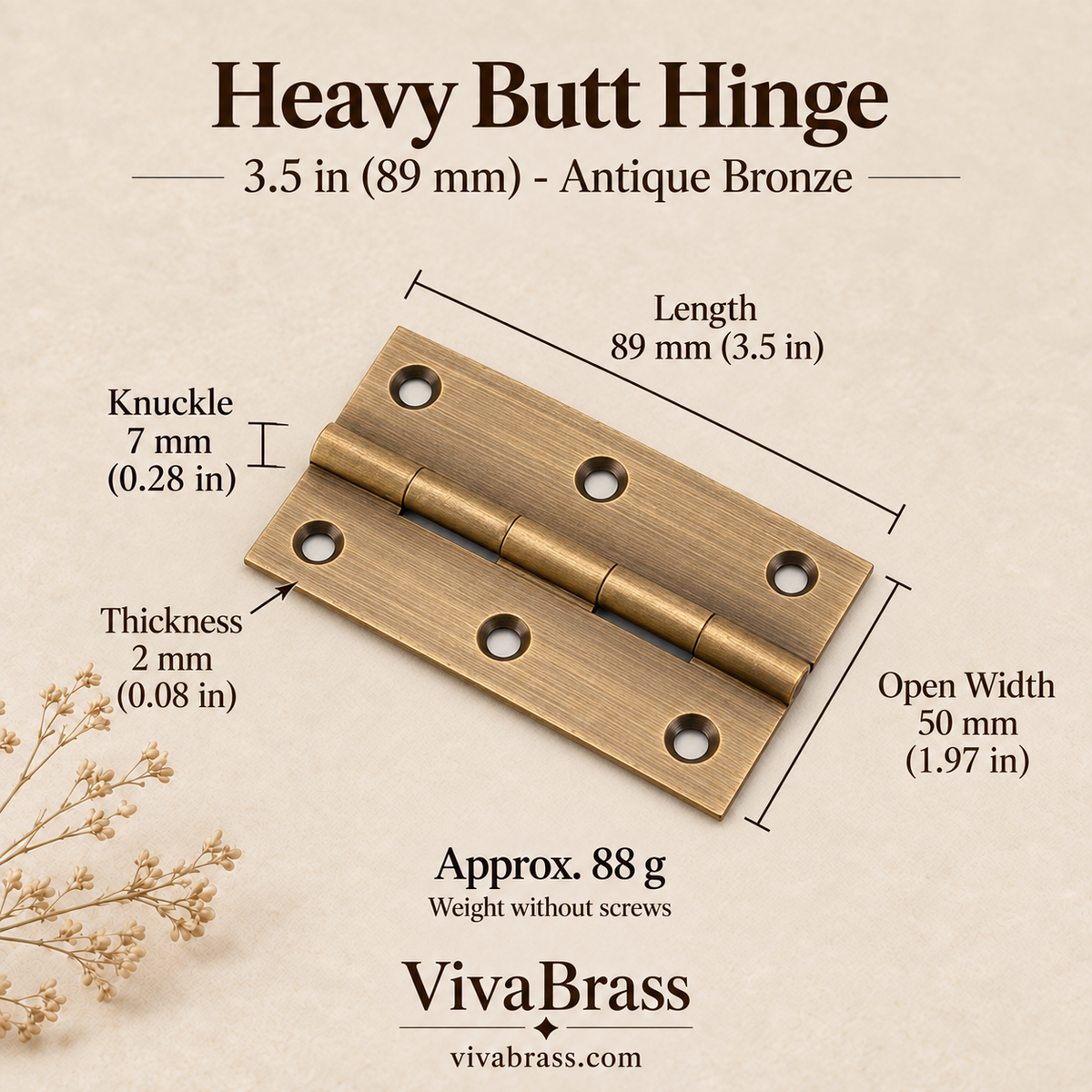 Heavy Butt Hinge 3.5 in (89 mm) - Antique Bronze – solid brass hinge by VivaBrass