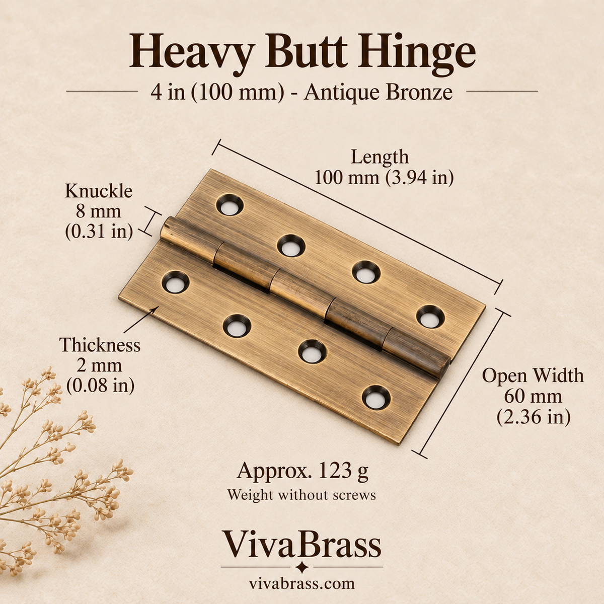 Heavy Butt Hinge 4 in (100 mm) - Antique Bronze – solid brass hinge by VivaBrass