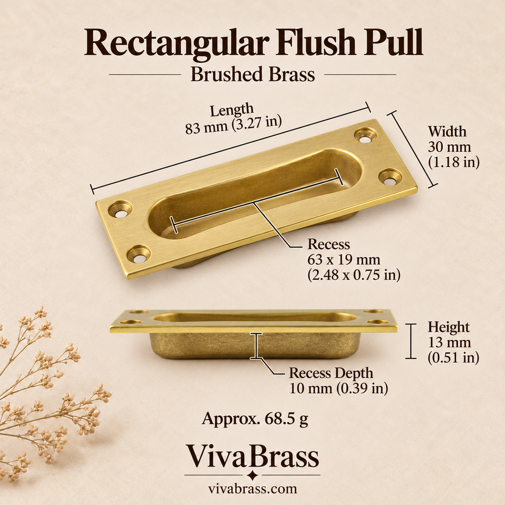 Rectangular Flush Pull 84 mm - Brushed Brass – solid brass flush pull by VivaBrass