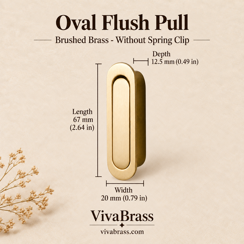 Oval Flush Pull 67 mm - Brushed Brass - Without Spring Clip – solid brass flush pull by VivaBrass