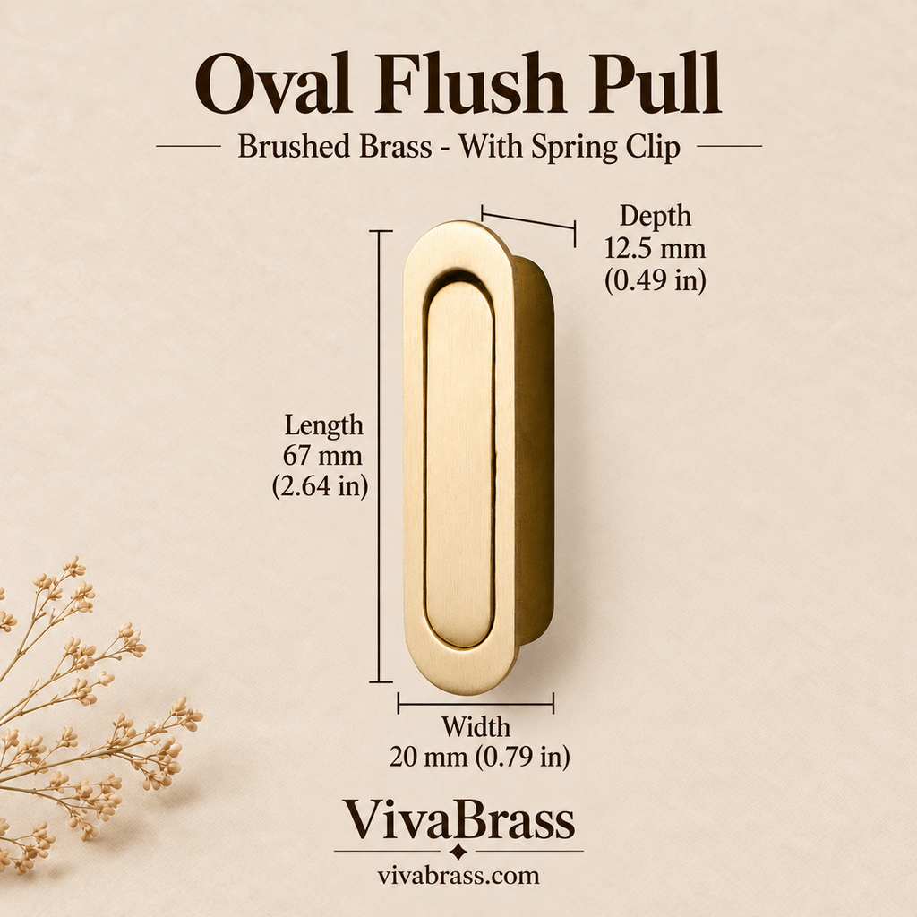 Oval Flush Pull 67 mm - Brushed Brass - With Spring Clip – solid brass flush pull by VivaBrass
