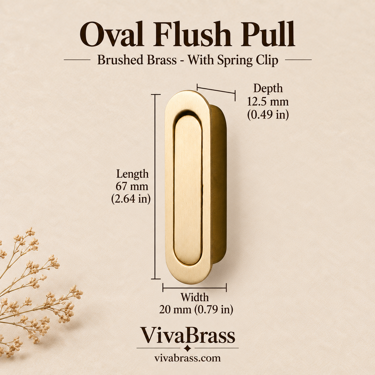 Oval Flush Pull 67 mm - Brushed Brass - With Spring Clip – solid brass flush pull by VivaBrass
