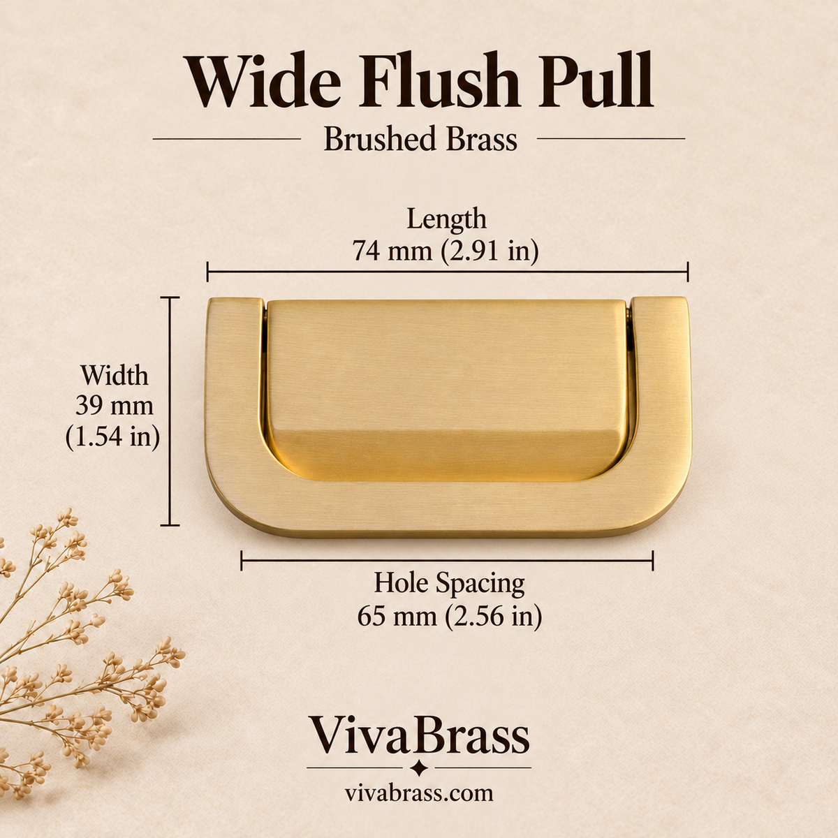 Wide Flush Pull 74 mm - Brushed Brass – solid brass flush pull by VivaBrass