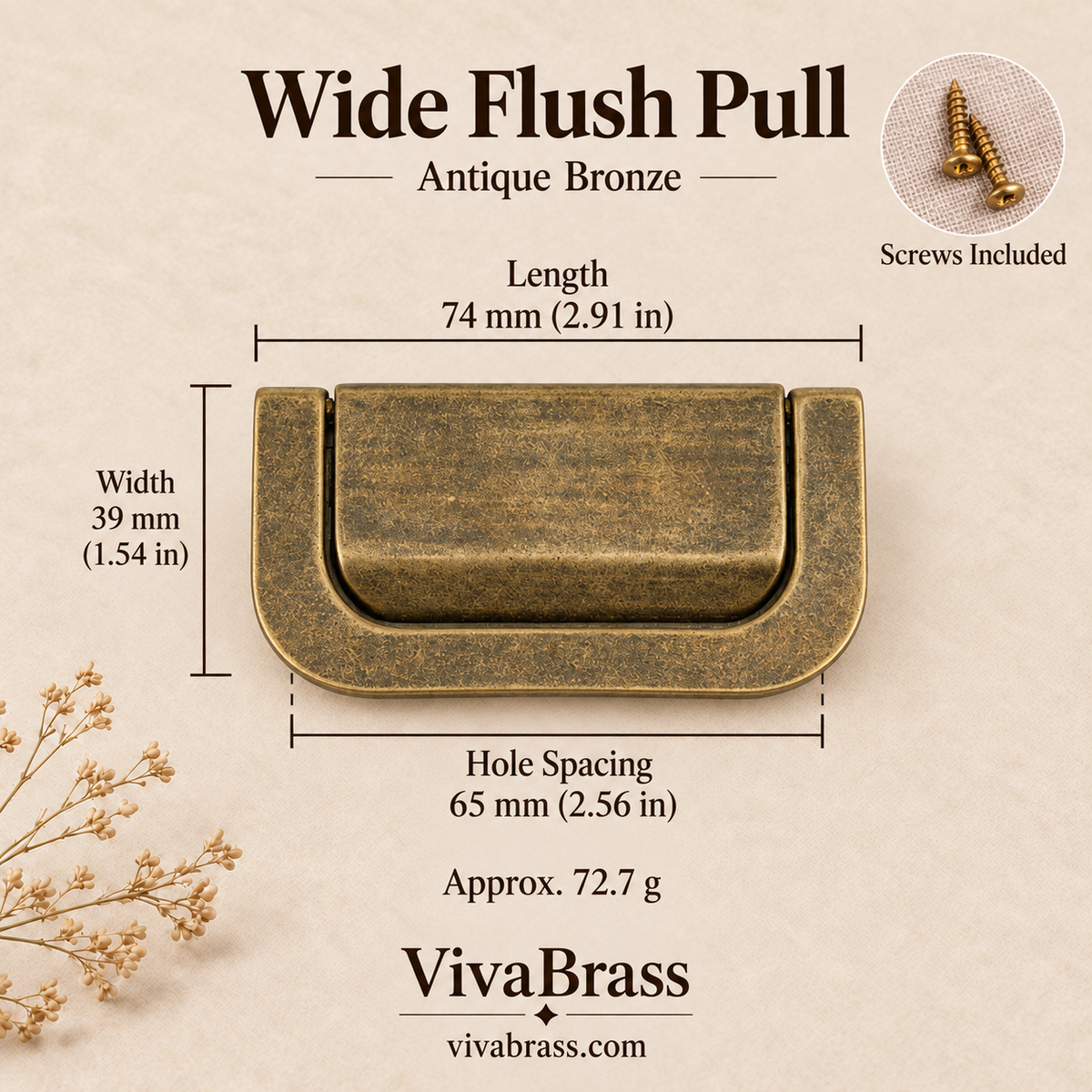 Wide Flush Pull 74 mm - Antique Bronze – solid brass flush pull by VivaBrass