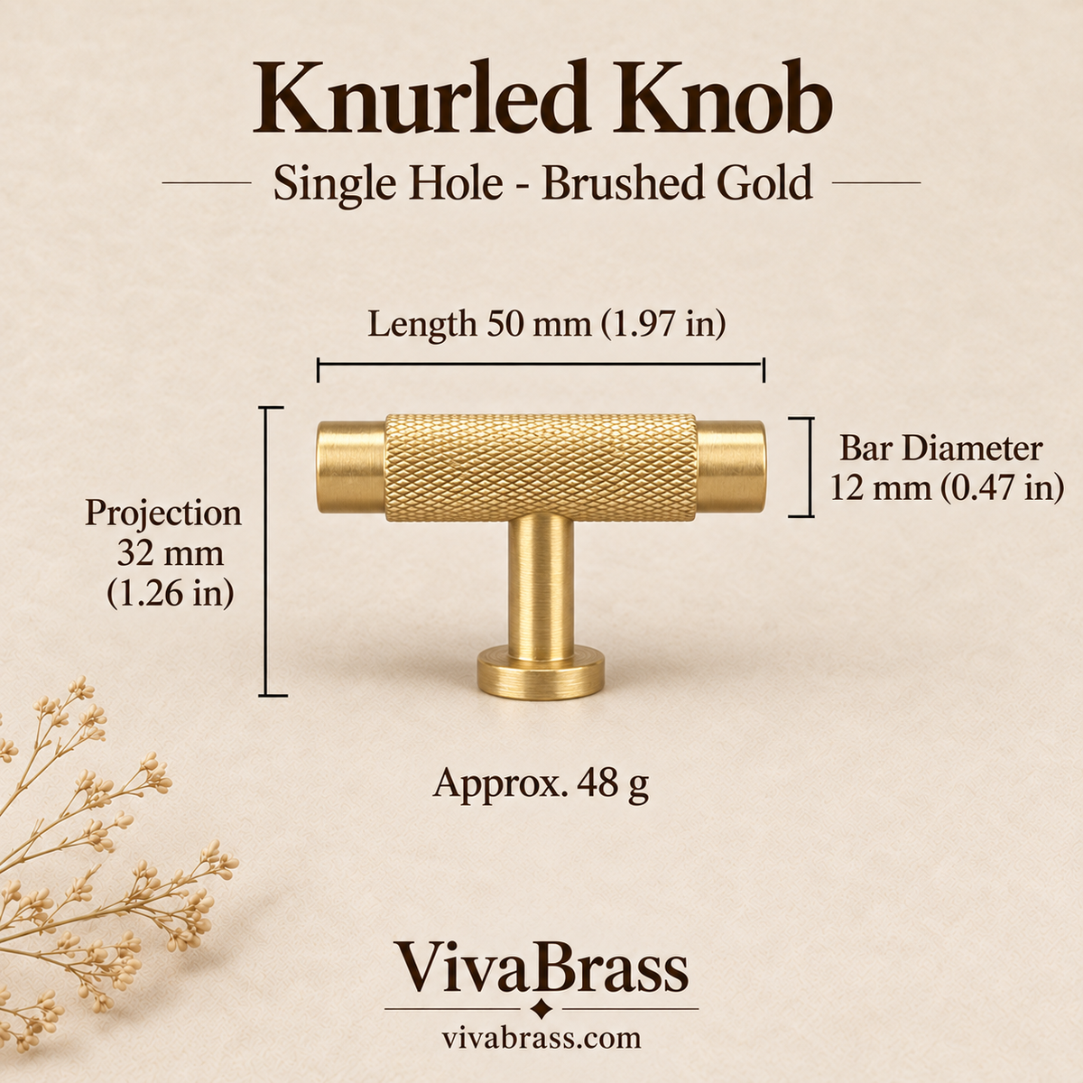 Knurled Knob 50 mm - Brushed Gold – knurled brass pull by VivaBrass