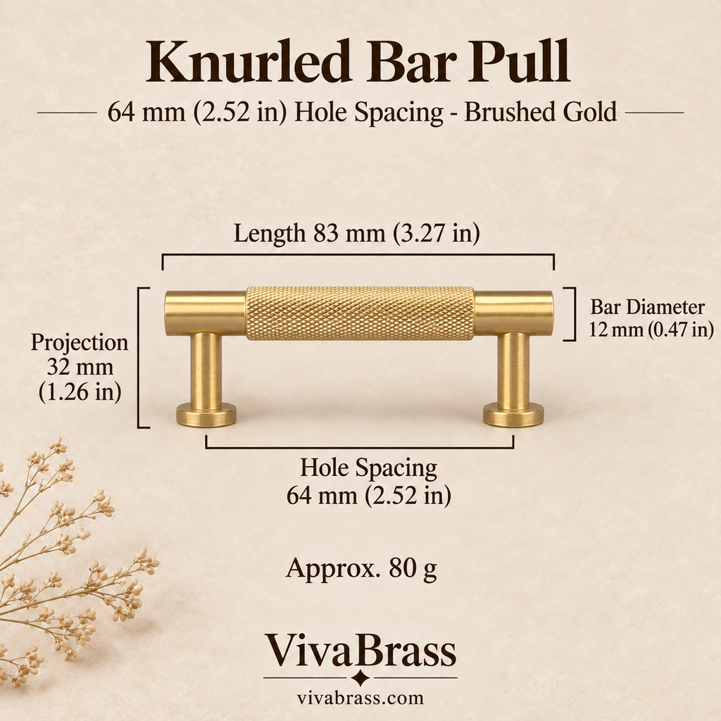 Knurled Bar Pull 64 mm Hole Spacing - Brushed Gold – knurled brass pull by VivaBrass