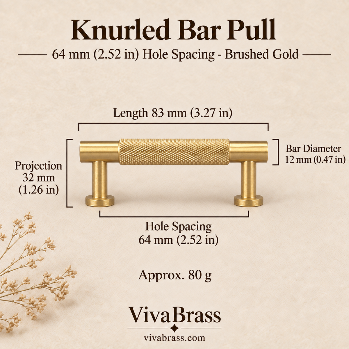 Knurled Bar Pull 64 mm Hole Spacing - Brushed Gold – knurled brass pull by VivaBrass