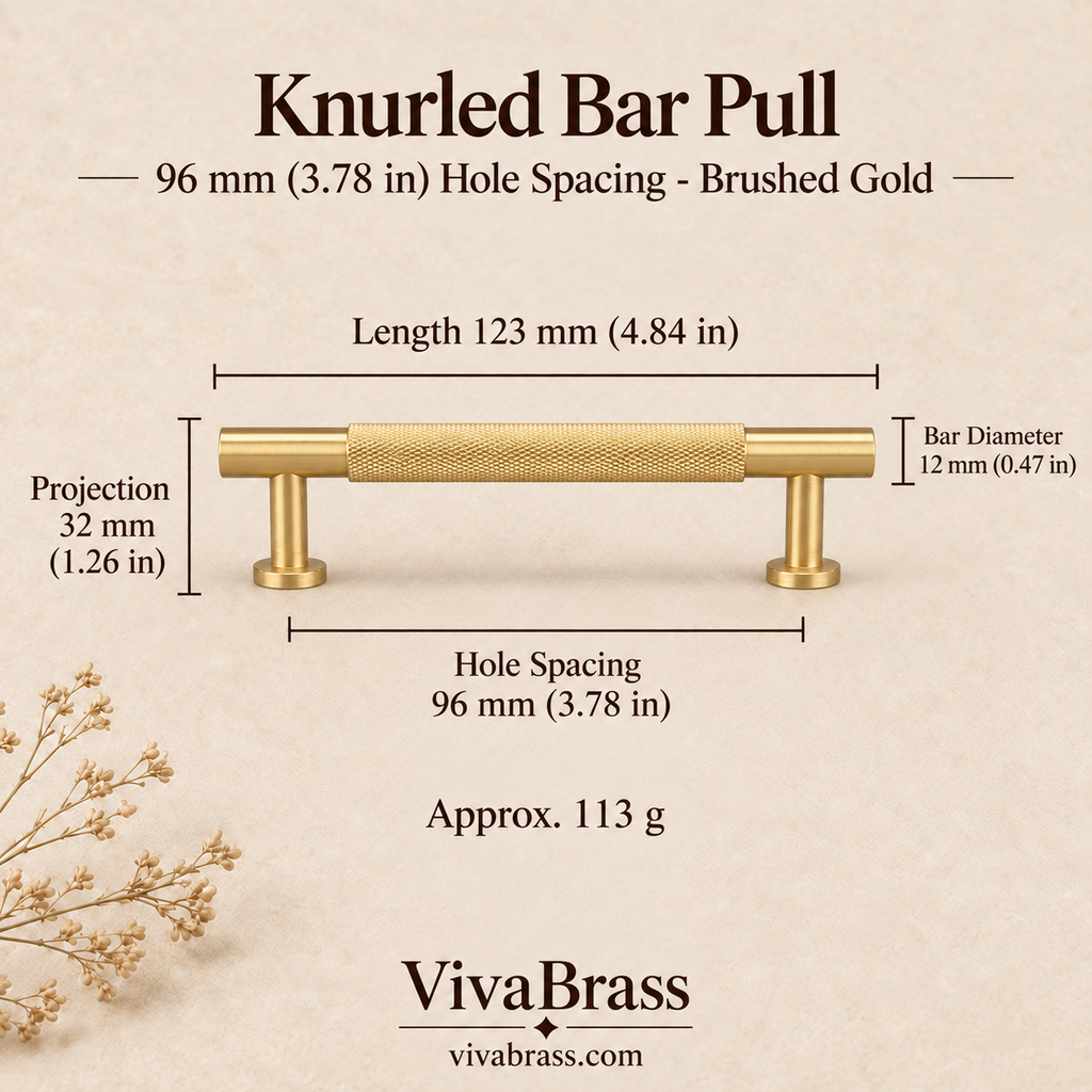Knurled Bar Pull 96 mm Hole Spacing - Brushed Gold – knurled brass pull by VivaBrass