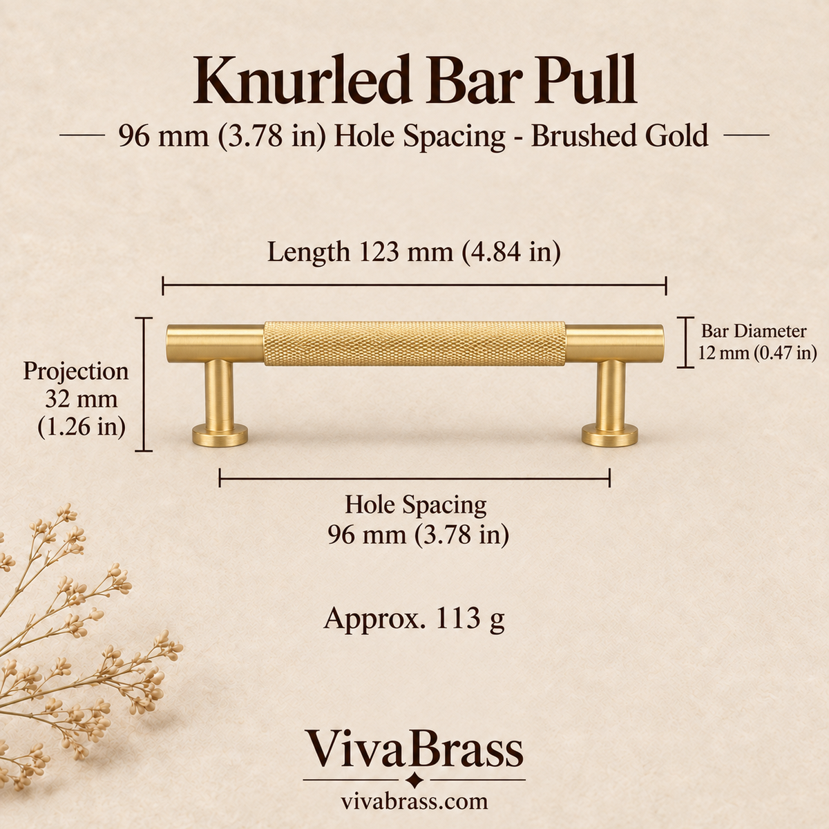 Knurled Bar Pull 96 mm Hole Spacing - Brushed Gold – knurled brass pull by VivaBrass