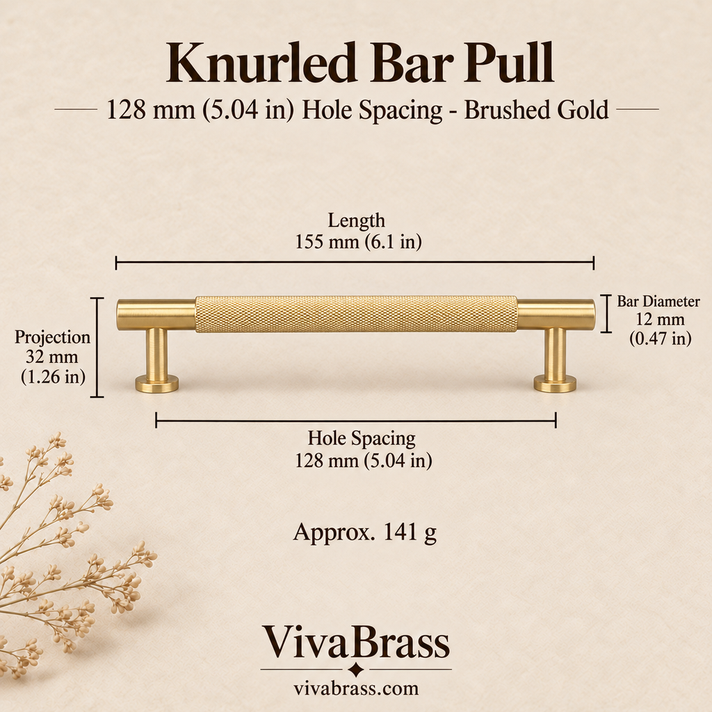 Knurled Bar Pull 128 mm Hole Spacing - Brushed Gold – knurled brass pull by VivaBrass