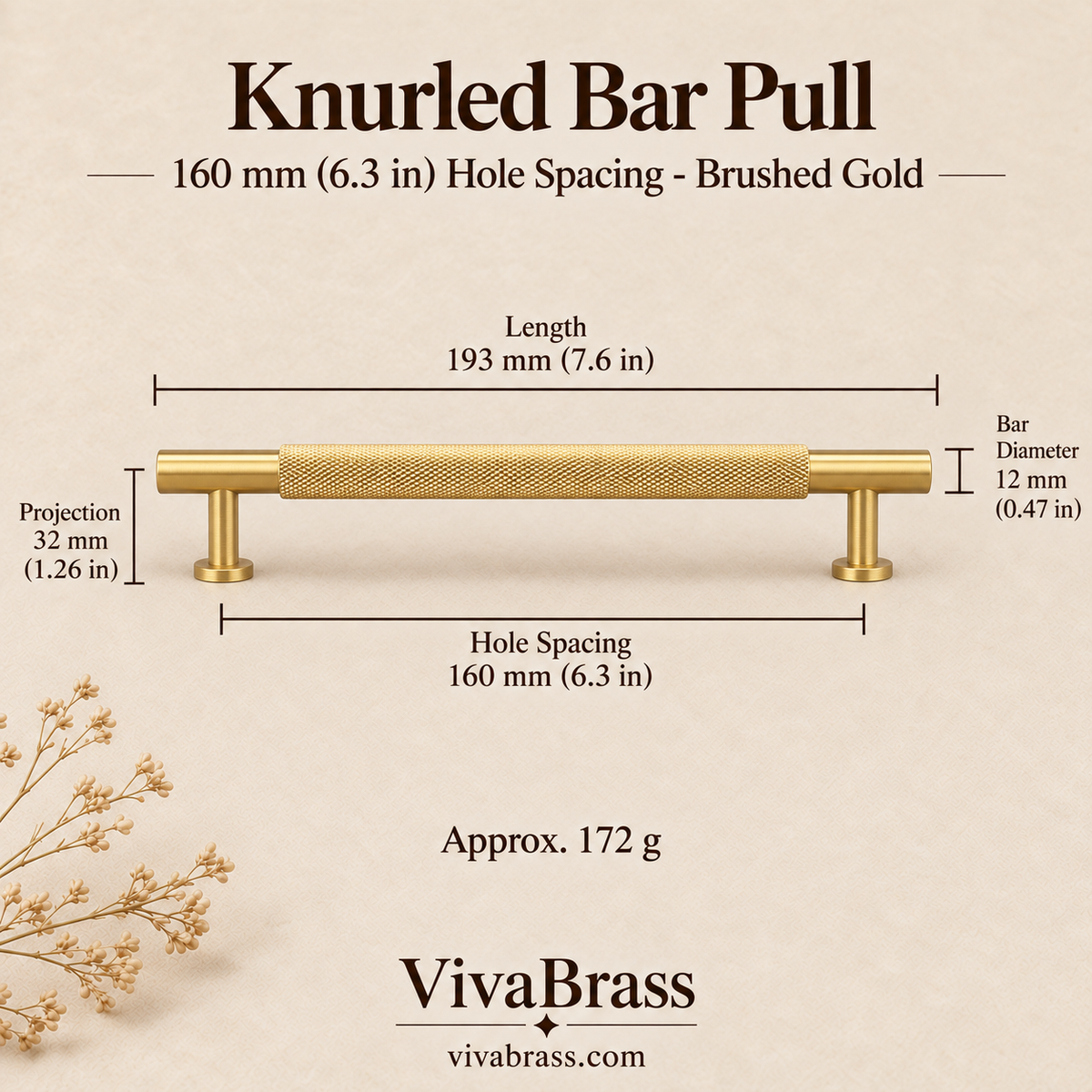 Knurled Bar Pull 160 mm Hole Spacing - Brushed Gold – knurled brass pull by VivaBrass
