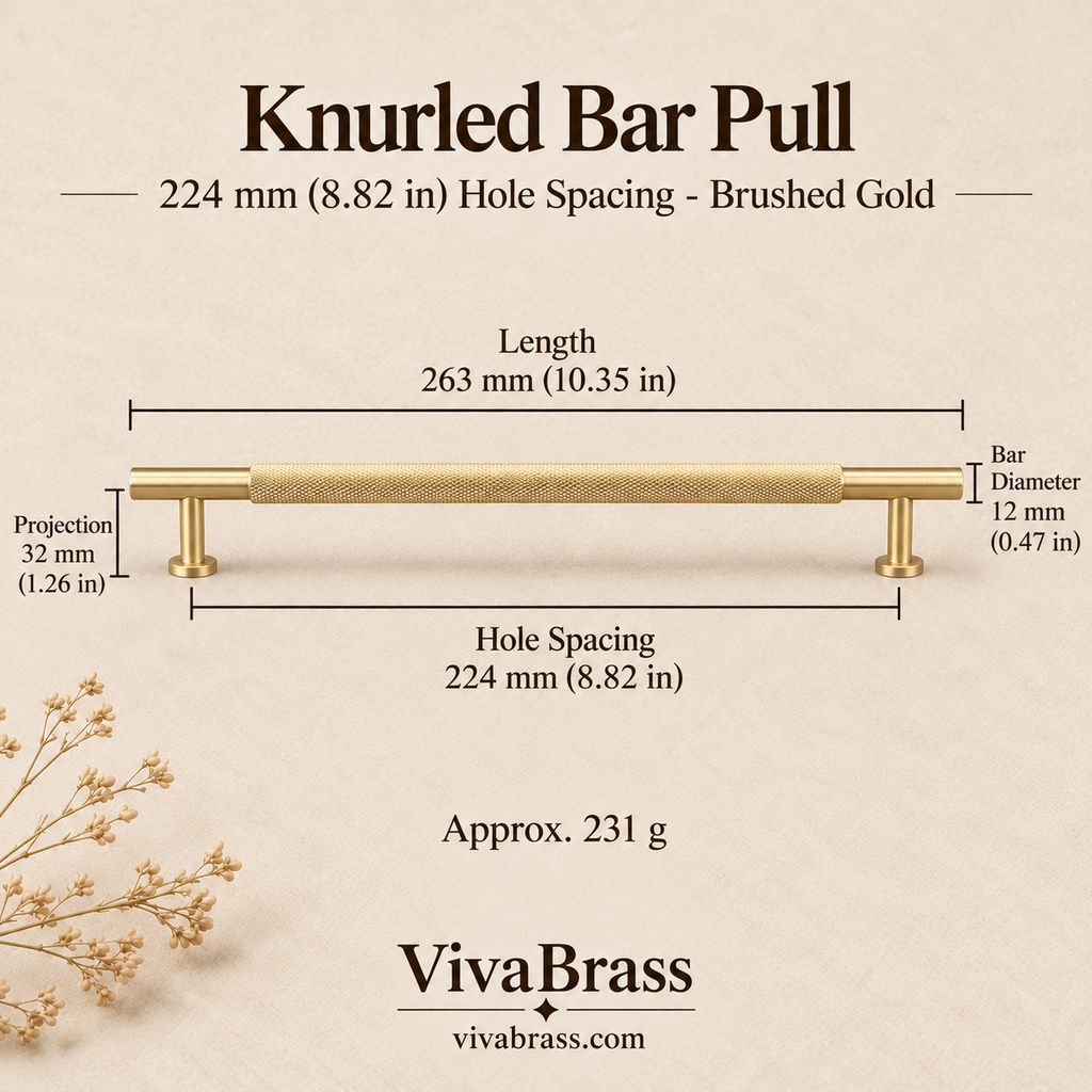 Knurled Bar Pull 224 mm Hole Spacing - Brushed Gold – knurled brass pull by VivaBrass